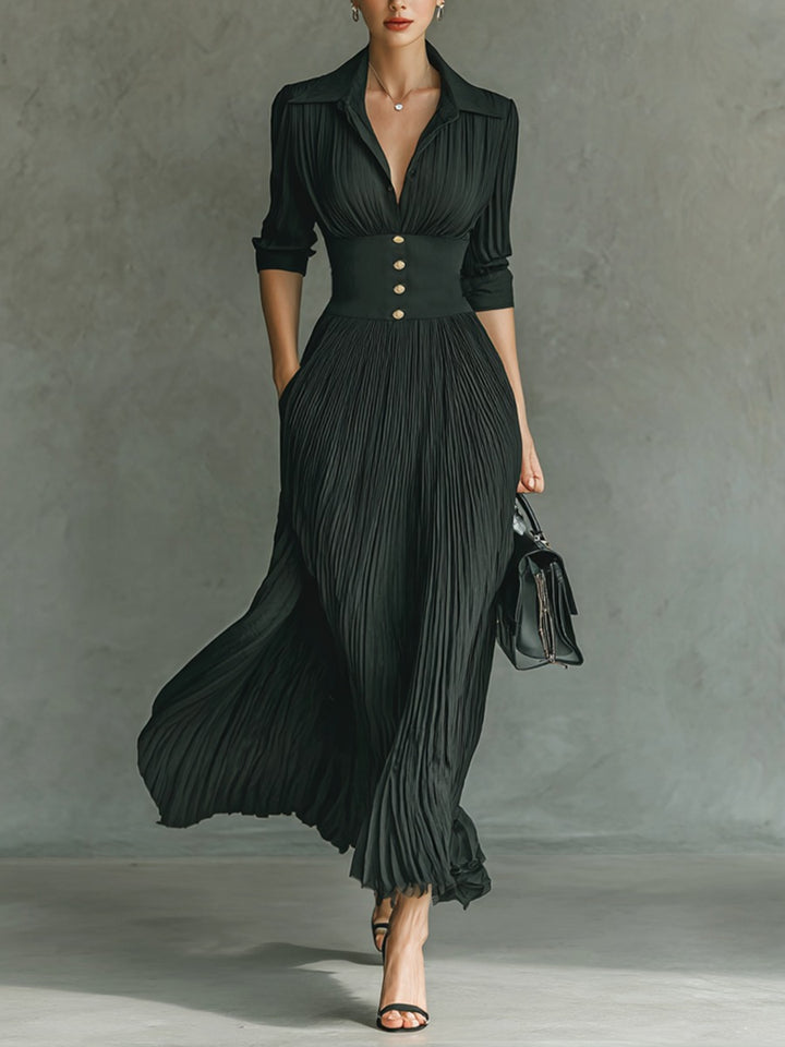 Robe longue plissée à manches longues et taille à revers