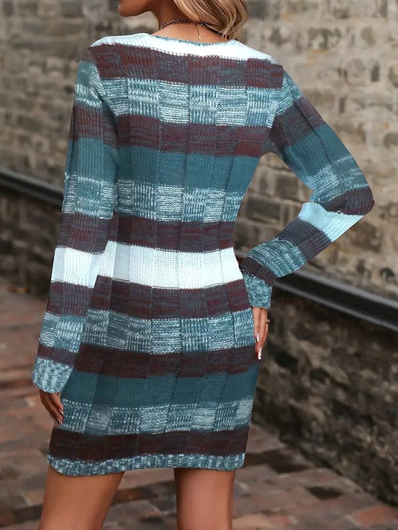 Robe Pull à Col en V à Blocs de Couleur