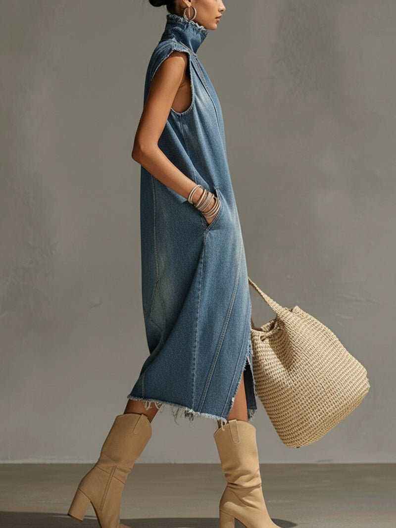 Robe sans manches à col montant effiloché en denim