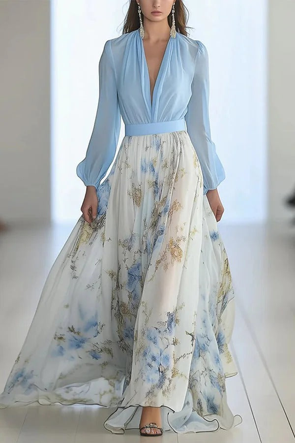 Robe longue fleurie à col en V et manches longues