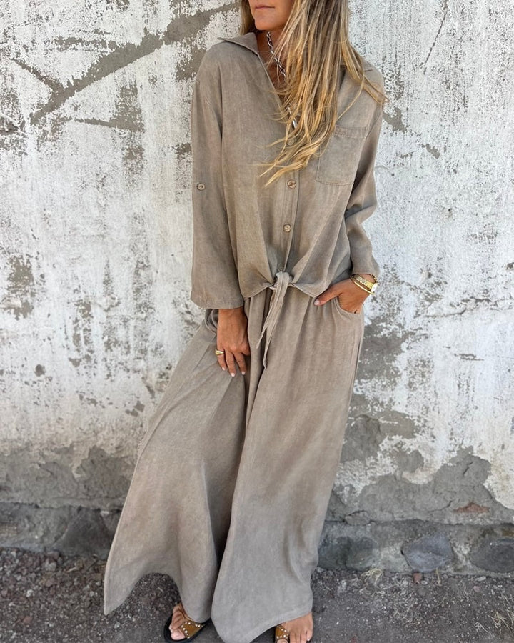 Ensemble deux pièces décontracté avec chemise unie et jambe large