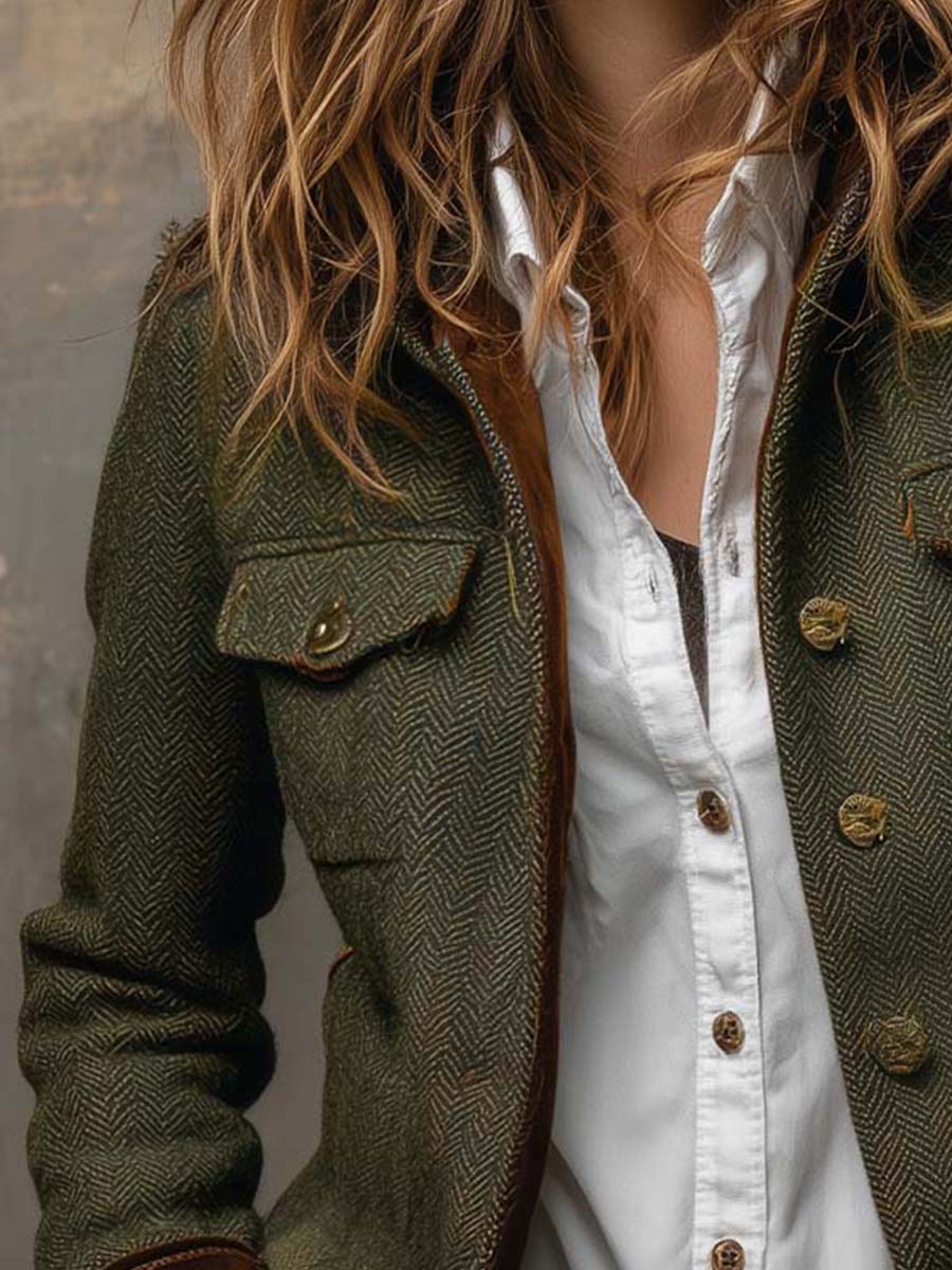 Blazer de Mujer Vintage con Contraste en Herringbone