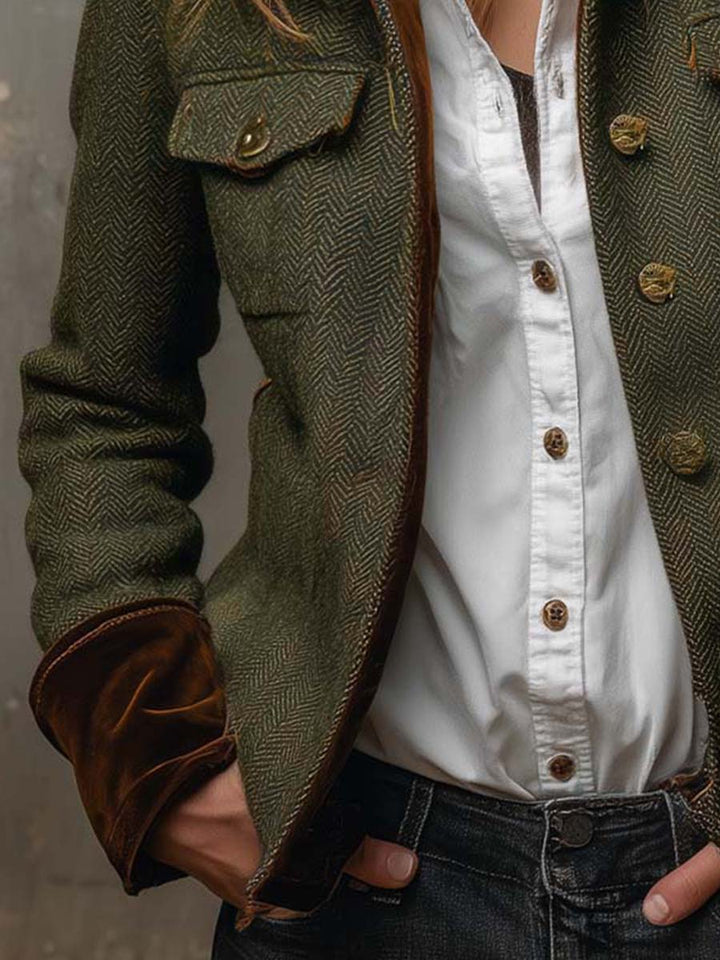 Blazer de Mujer Vintage con Contraste en Herringbone