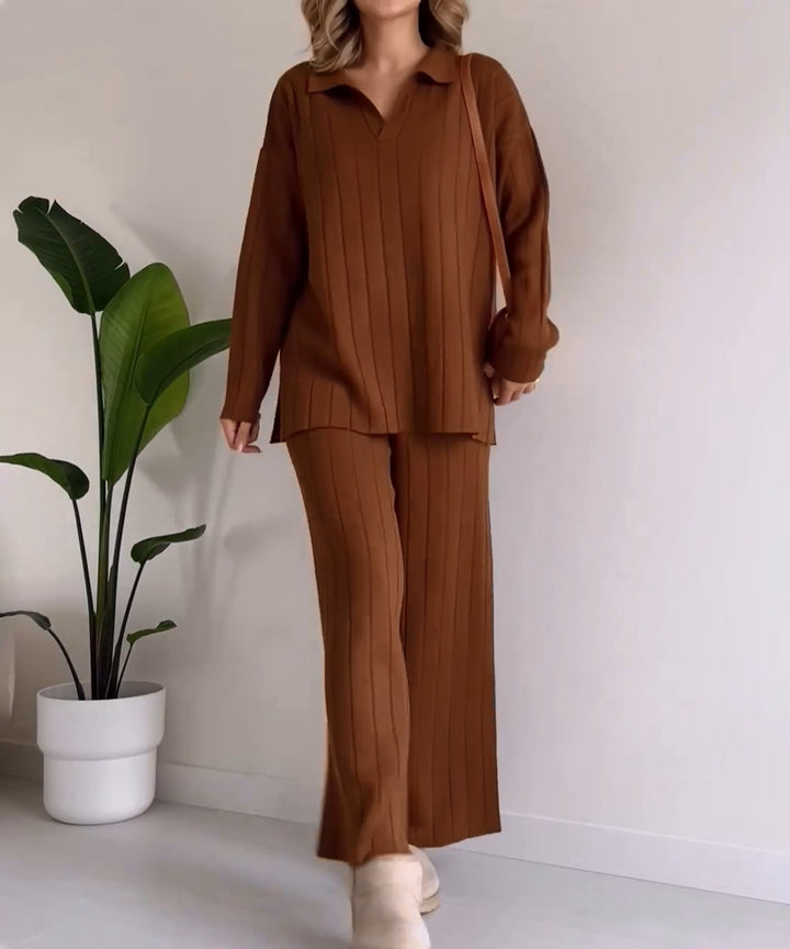 Ensemble deux pièces élégant avec pull jacquard à rayures