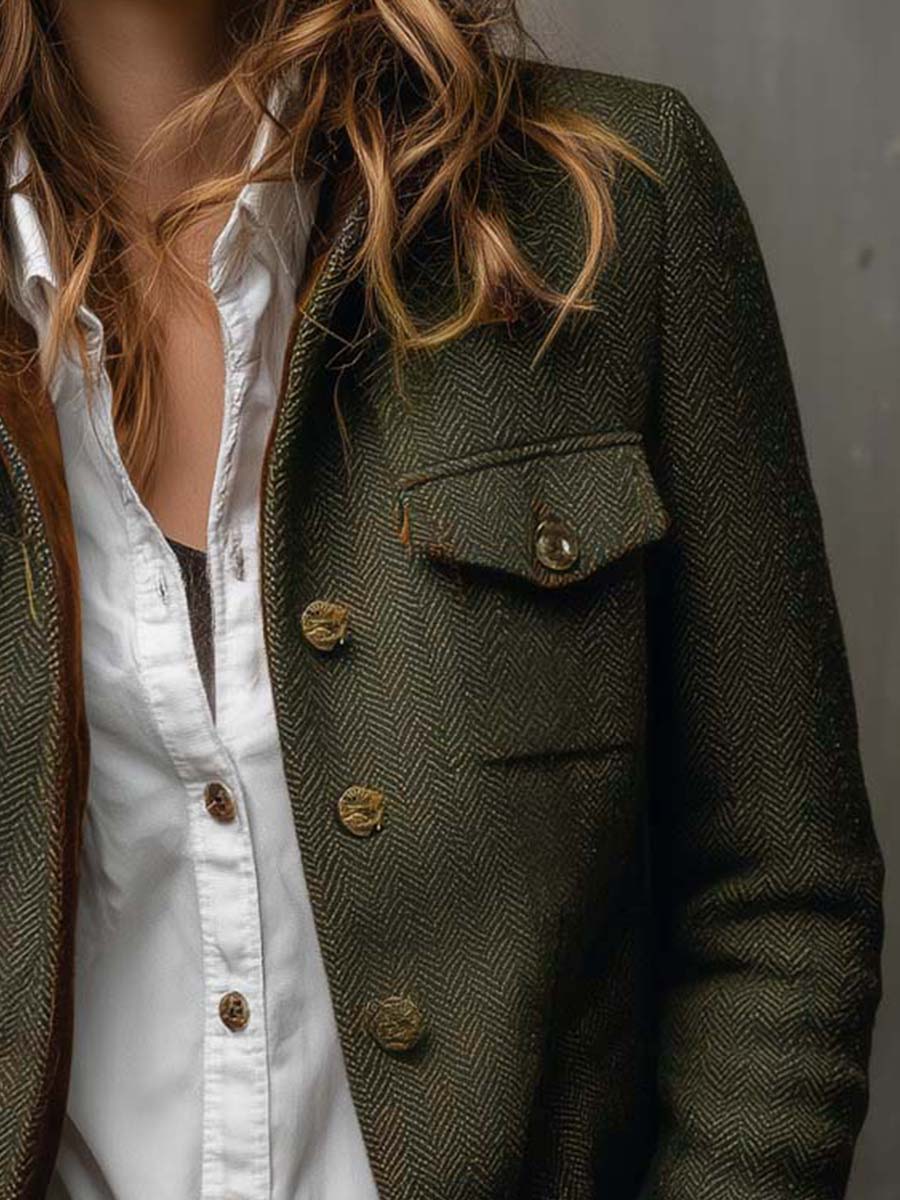 Blazer de Mujer Vintage con Contraste en Herringbone