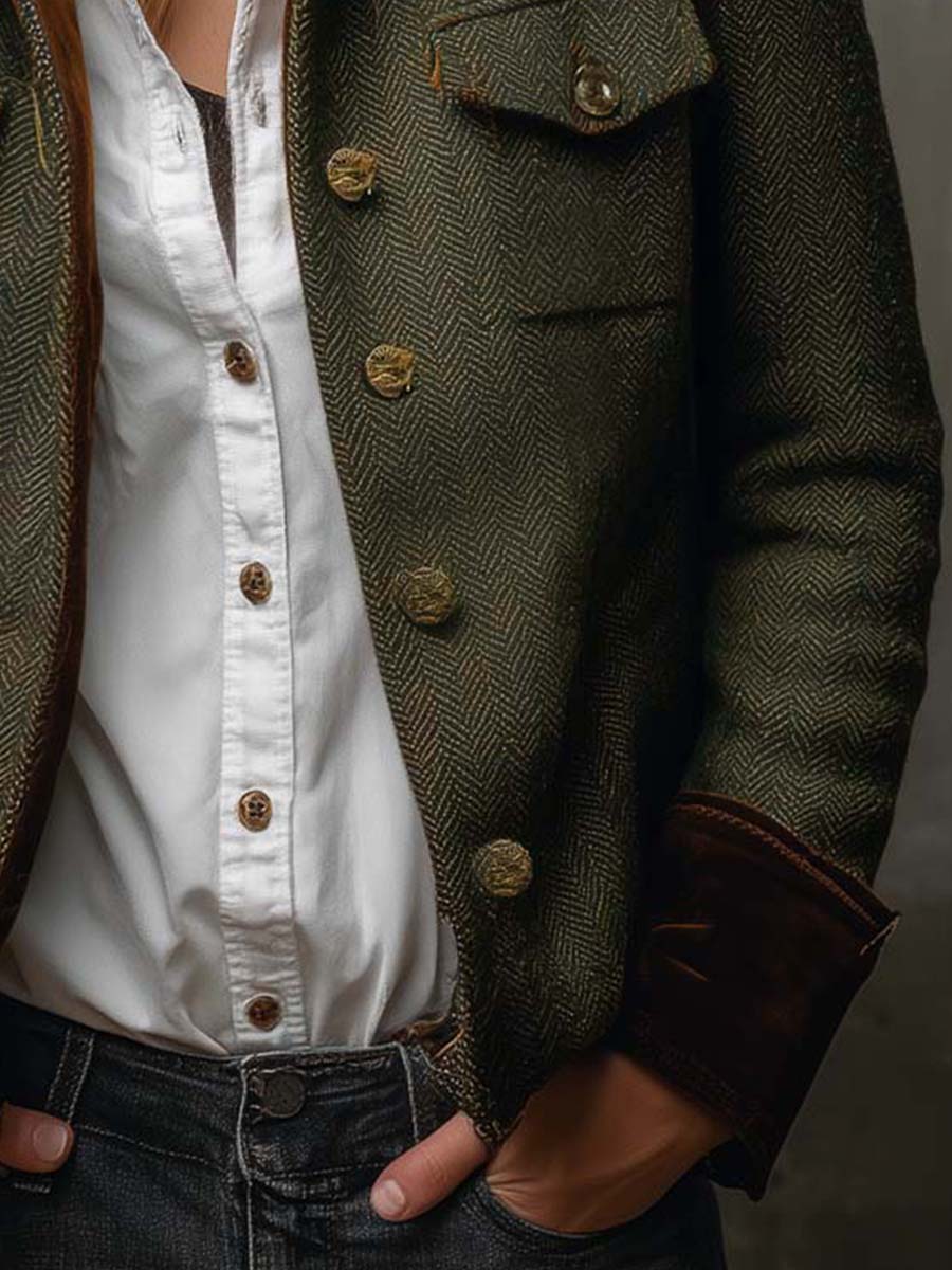 Blazer de Mujer Vintage con Contraste en Herringbone