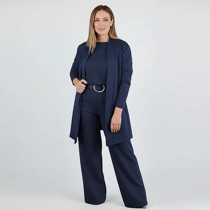 Ensemble 3 pièces comprenant un long cardigan, un top et un pantalon ( ceinture incluse )