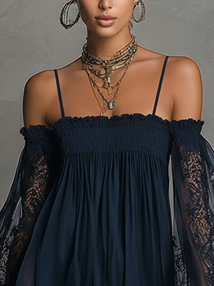 Louisa | Vestido de Chifón con Mangas de Encaje y Hombros Descubiertos