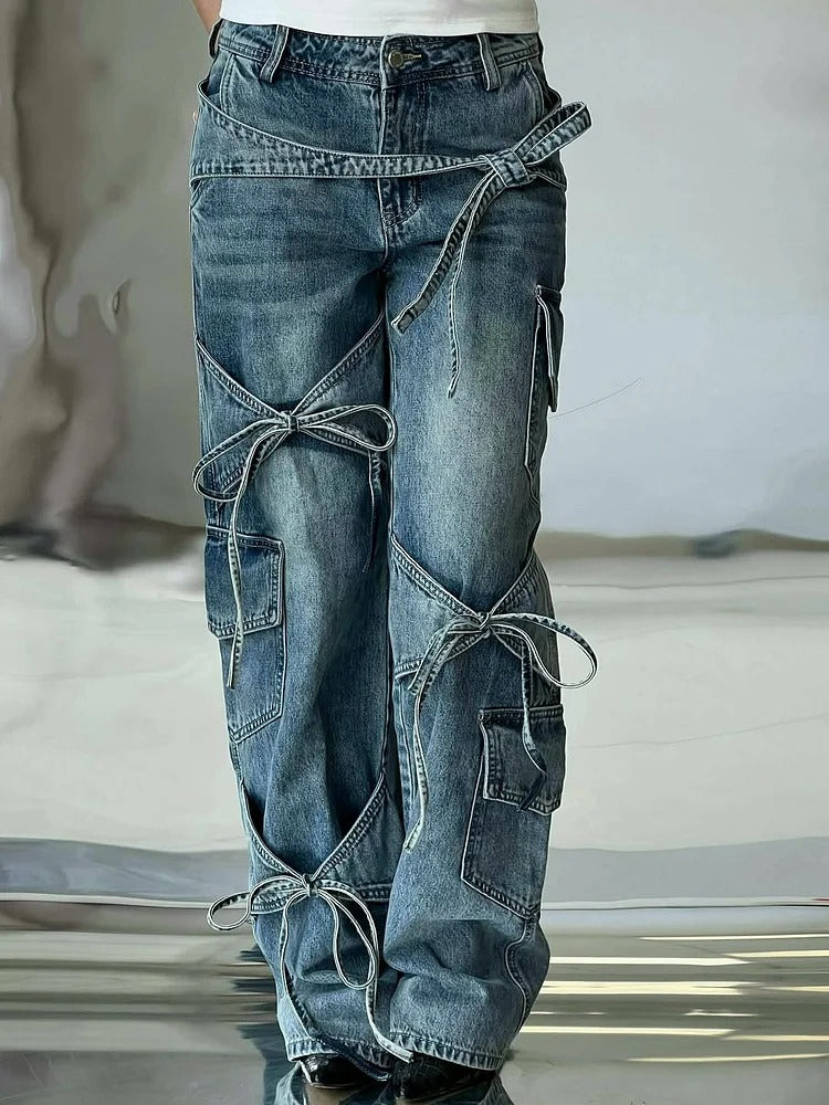 Jean utilitaire en denim avec nœud