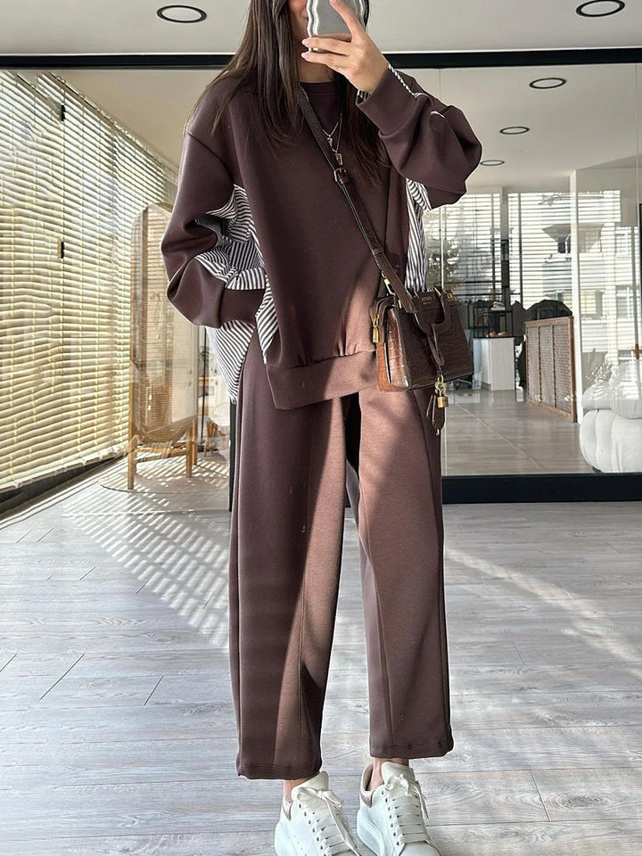 Ensemble deux pièces décontracté à rayures et patchwork pour femme