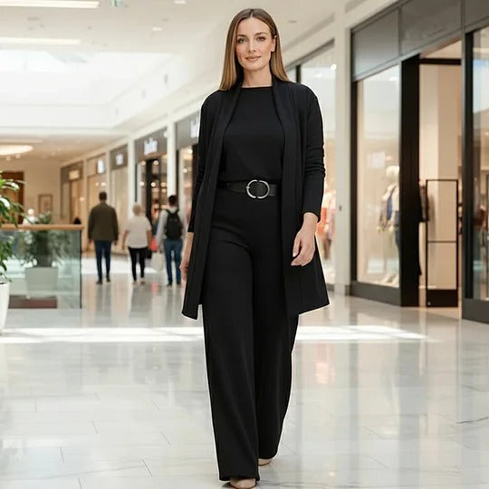 Ensemble 3 pièces comprenant un long cardigan, un top et un pantalon ( ceinture incluse )
