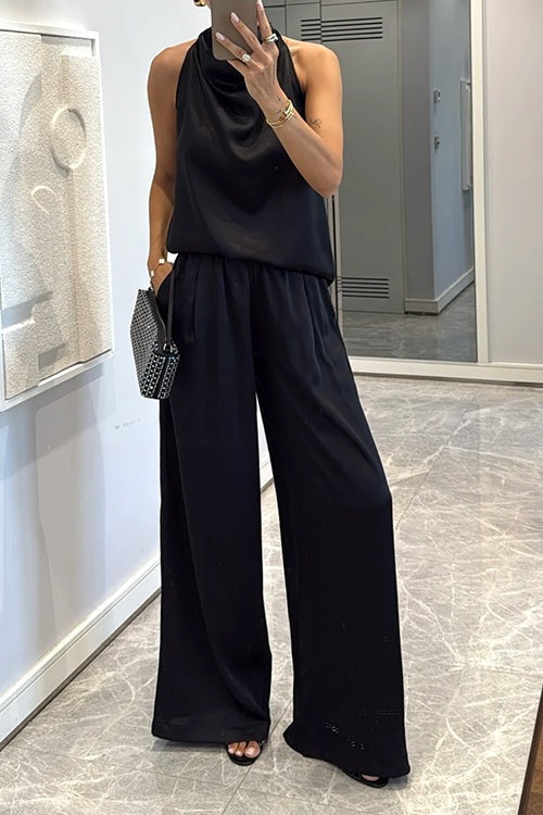 Ensemble en satin à col bénitier et pantalon taille large