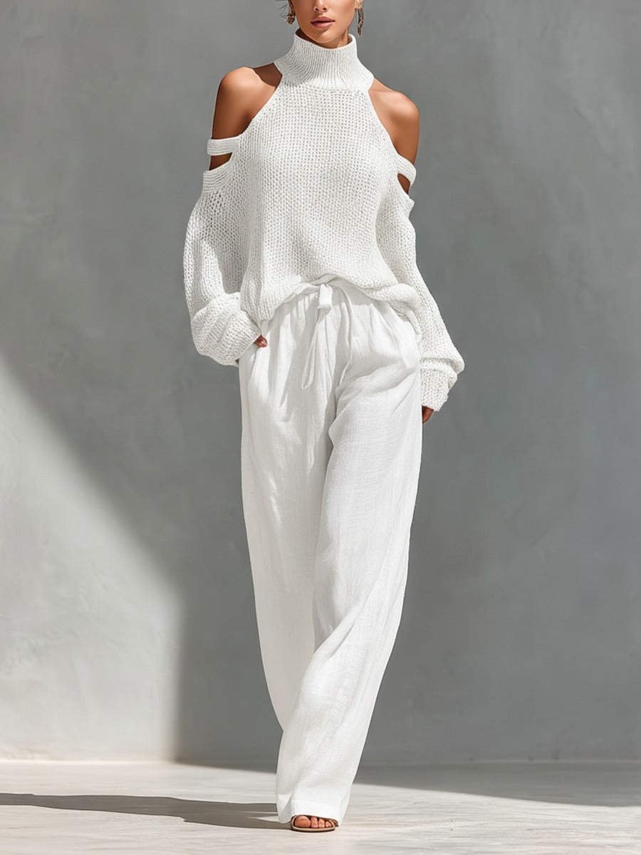 Ensemble haut à col roulé à épaules dénudées en maille et pantalon large