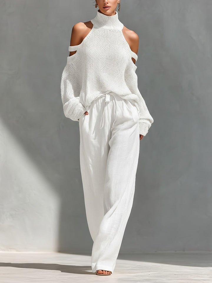 Ensemble haut à col roulé à épaules dénudées en maille et pantalon large