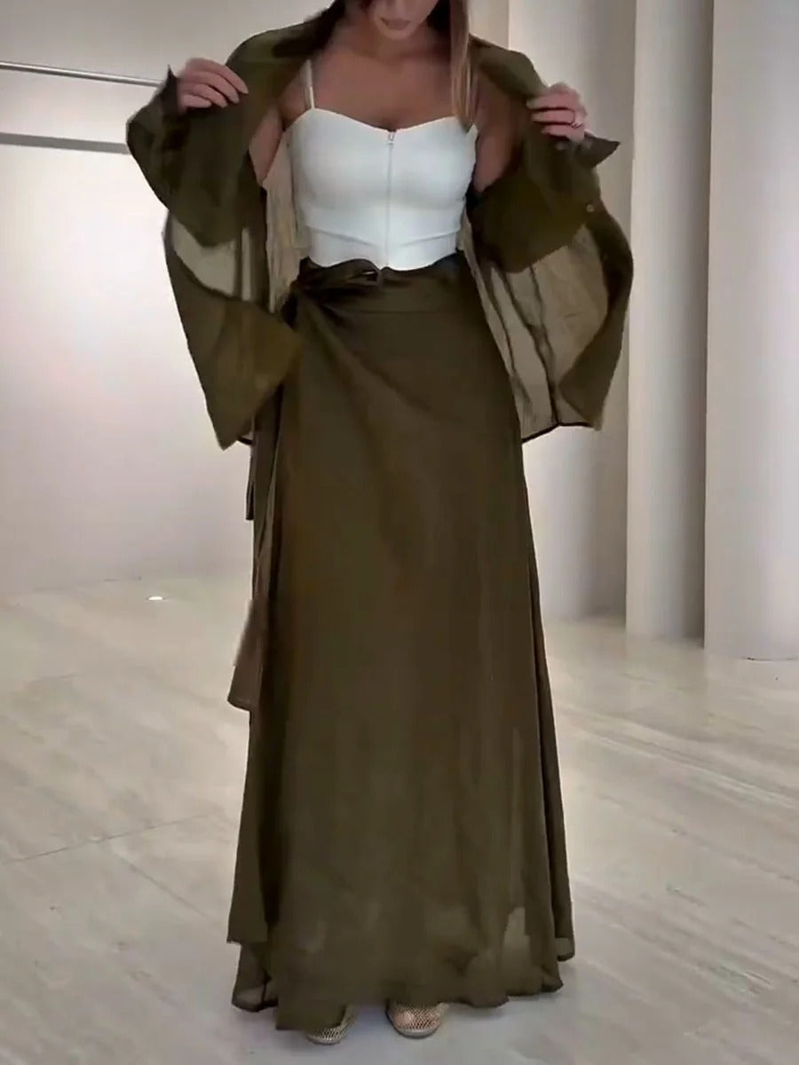 Ensemble deux pièces décontracté à lacets vert olive