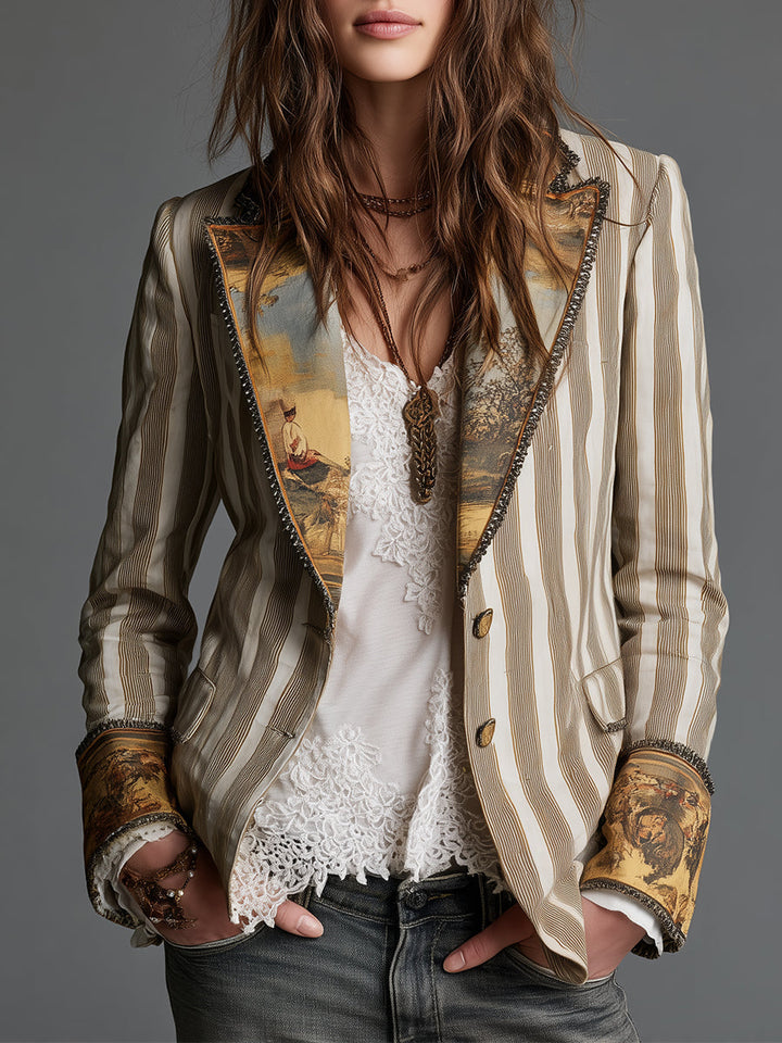 Blazer de Solapas Impresas a Rayas Boho para Mujeres