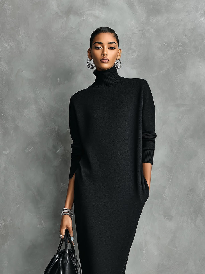 Robe élégante col roulé en maille coupe ample