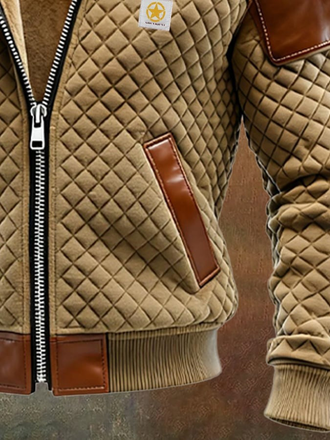 Veste à carreaux et patchwork en cuir pour homme
