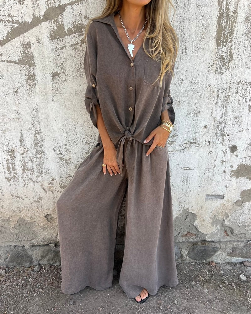 Ensemble deux pièces décontracté avec chemise unie et jambe large