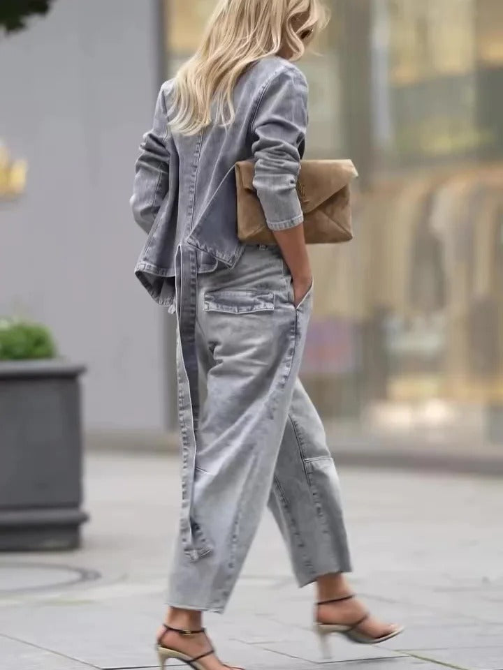 Ensemble veste légère et pantalon taille haute en denim