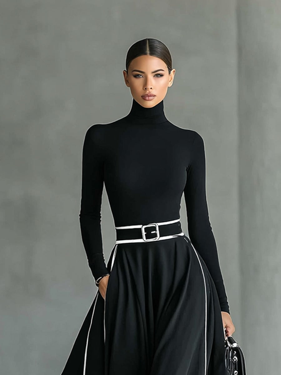 Robe longue col montant manches longues et ceinture cintrée