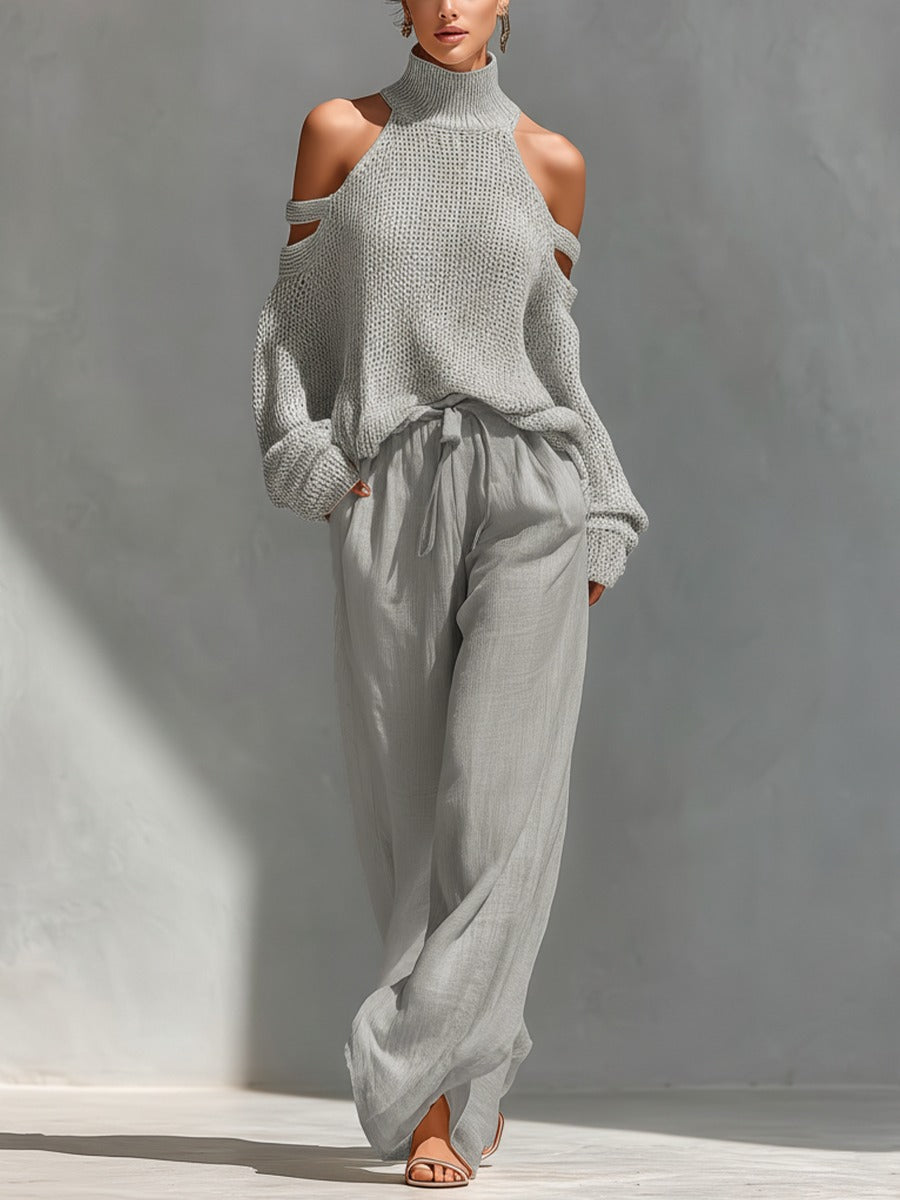 Ensemble haut à col roulé à épaules dénudées en maille et pantalon large