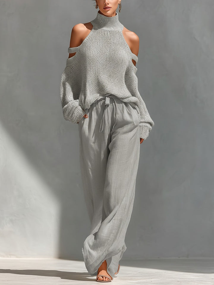 Ensemble haut à col roulé à épaules dénudées en maille et pantalon large