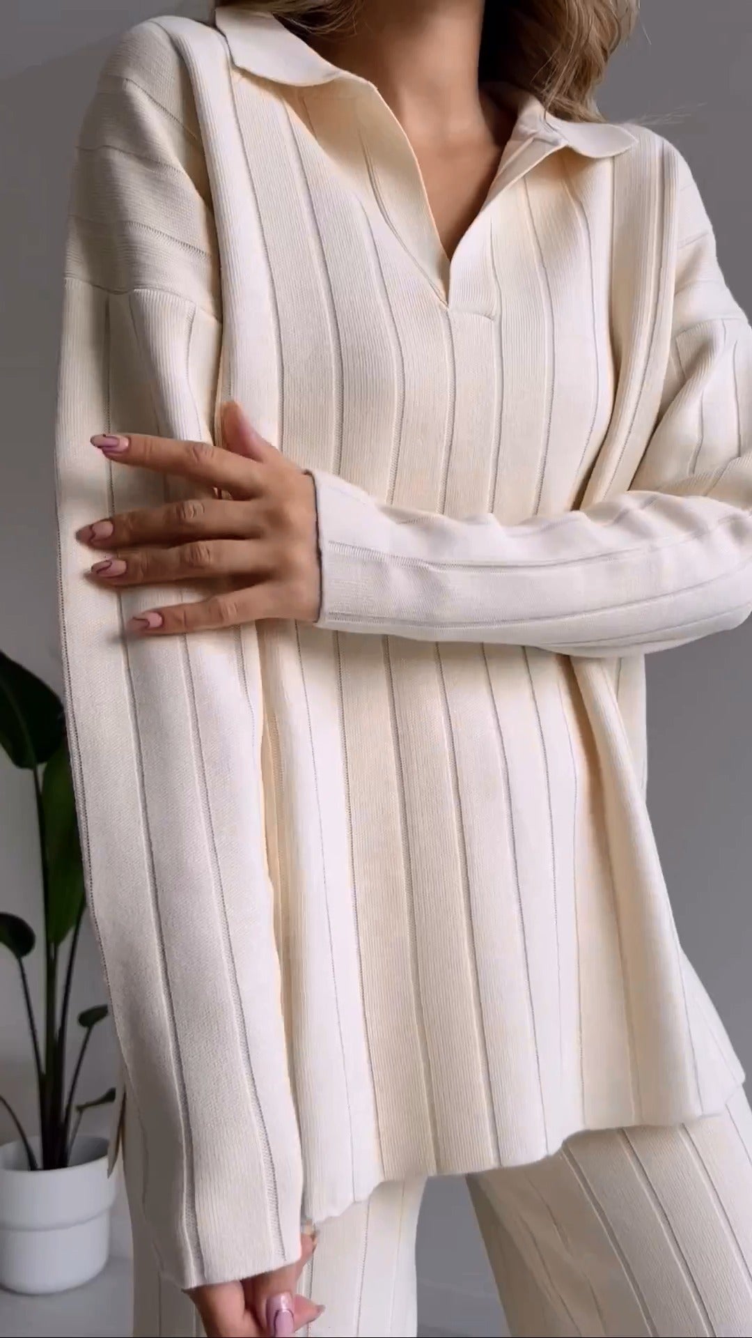 Ensemble deux pièces élégant avec pull jacquard à rayures