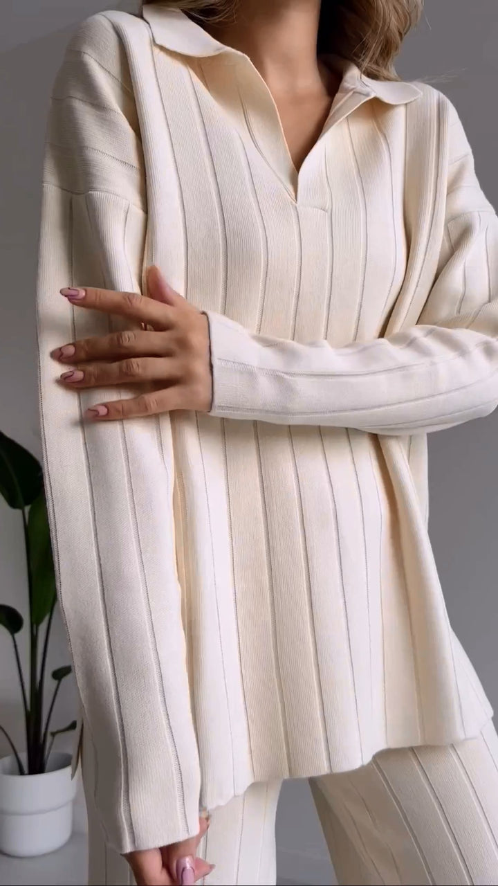 Ensemble deux pièces élégant avec pull jacquard à rayures