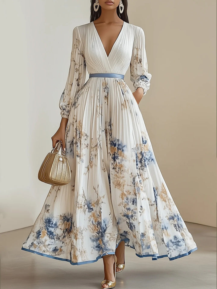 Robe longue plissée en mousseline de soie à fleurs