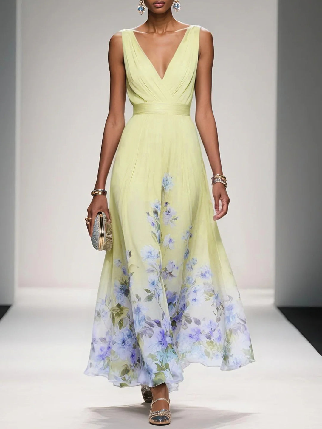 Robe longue en mousseline de soie à fleurs