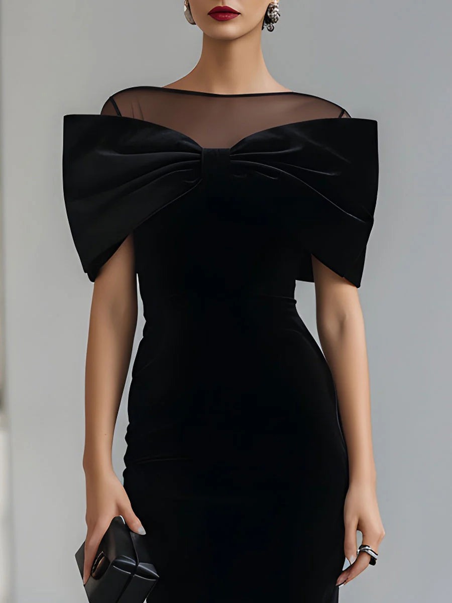 Robe midi spectaculaire en velours noir à nœud