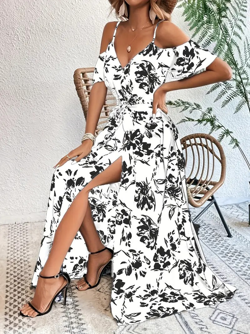 Robe à Imprimé Floral avec Épaules Dénudées