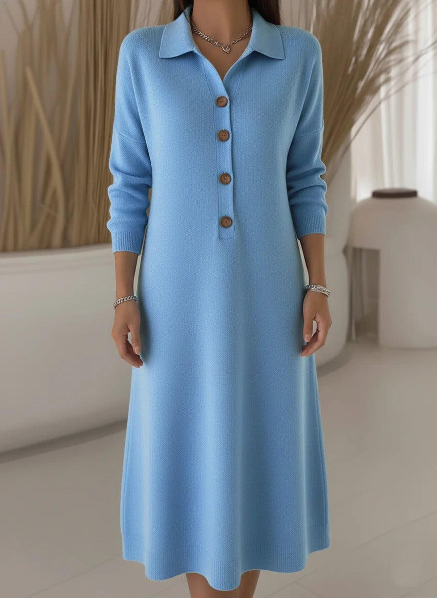 Robe midi classique en maille unie à col polo et boutons