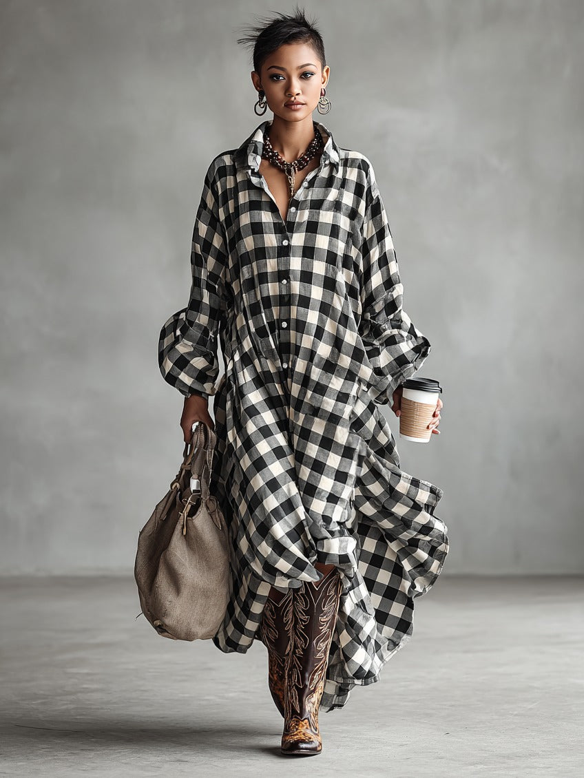 Robe longue minimaliste ample à carreaux