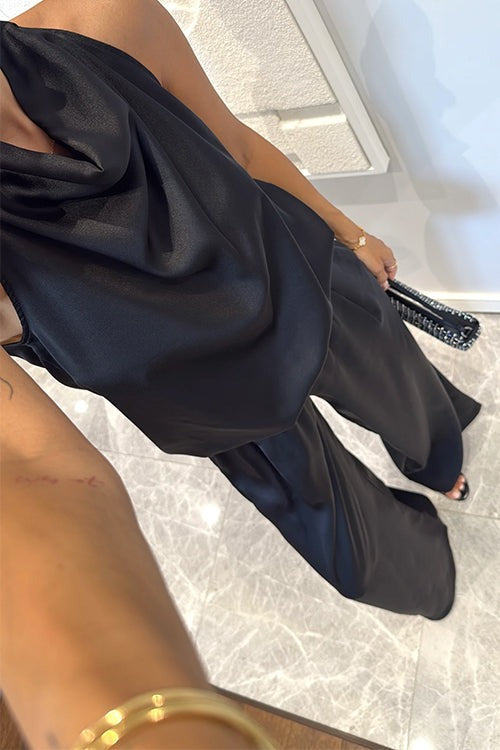 Ensemble en satin à col bénitier et pantalon taille large
