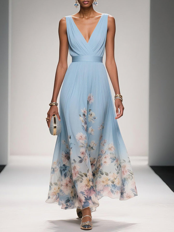 Robe longue en mousseline de soie à fleurs