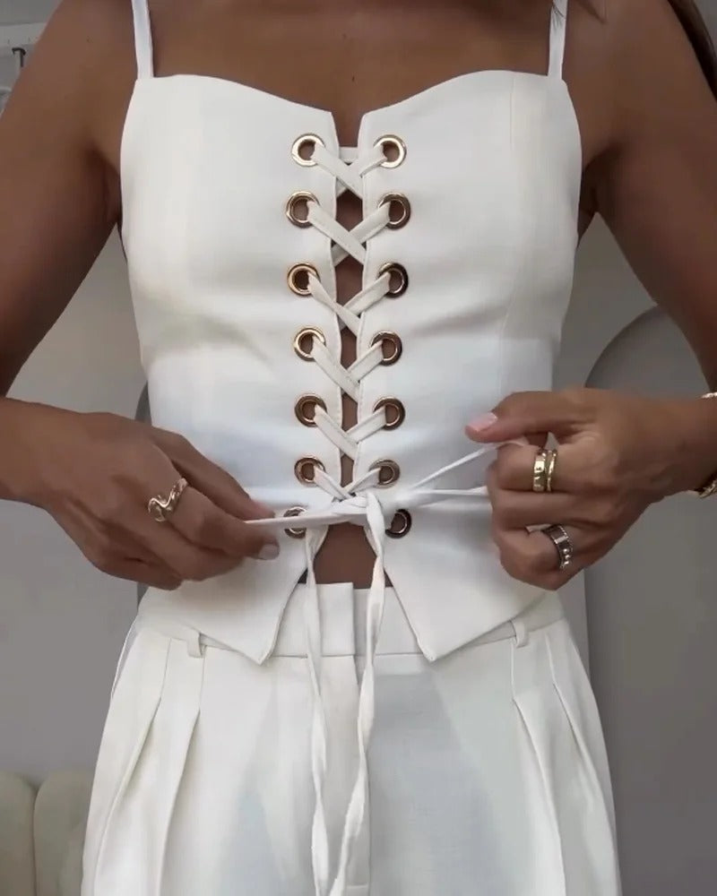 Ensemble deux pièces haut et pantalon à cordons