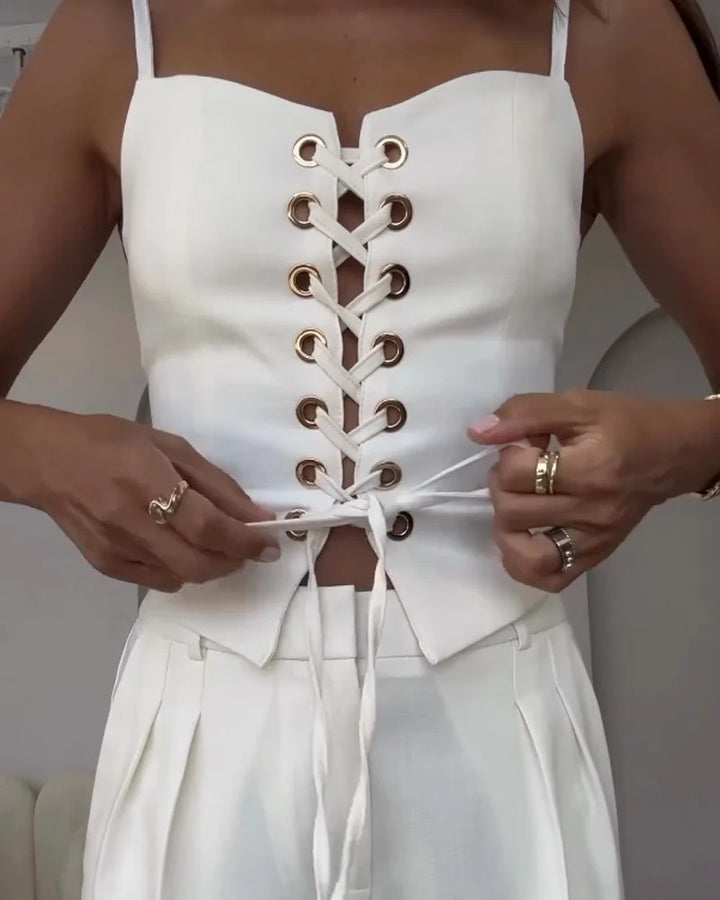 Ensemble deux pièces haut et pantalon à cordons