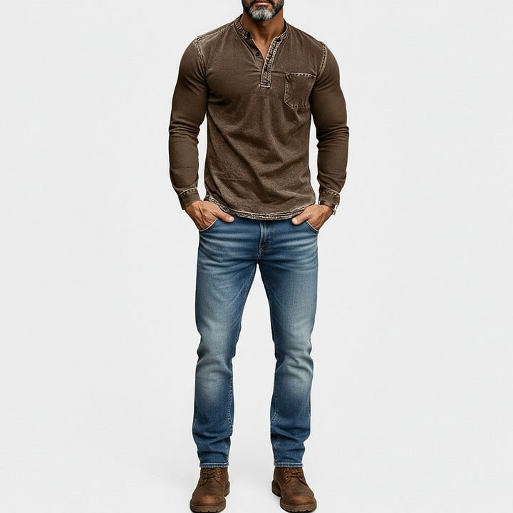 Chemises Henley décontractées en denim pour hommes