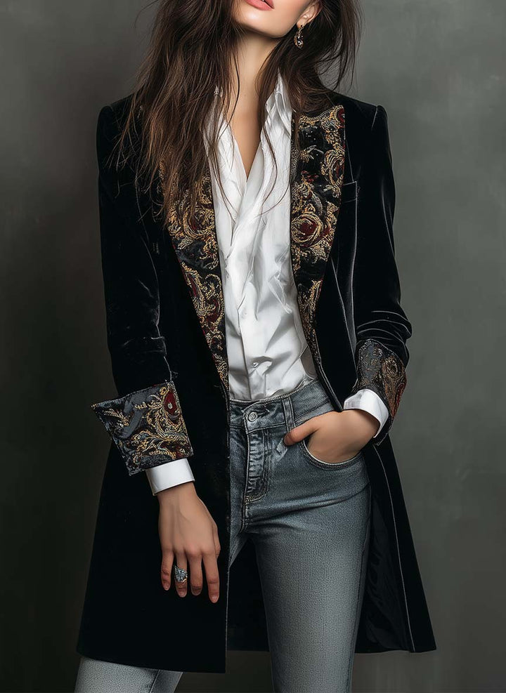 Blazer Slim Fit de Mujer con Estampado Barroco Negro