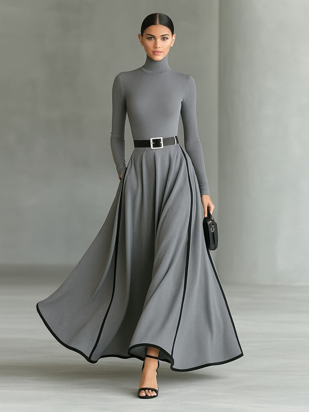 Robe longue noire col montant manches longues ceinturée avec surpiqûres