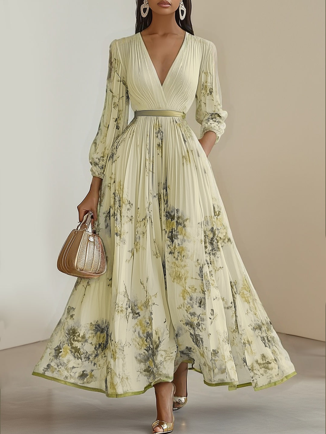Robe longue plissée en mousseline de soie à fleurs