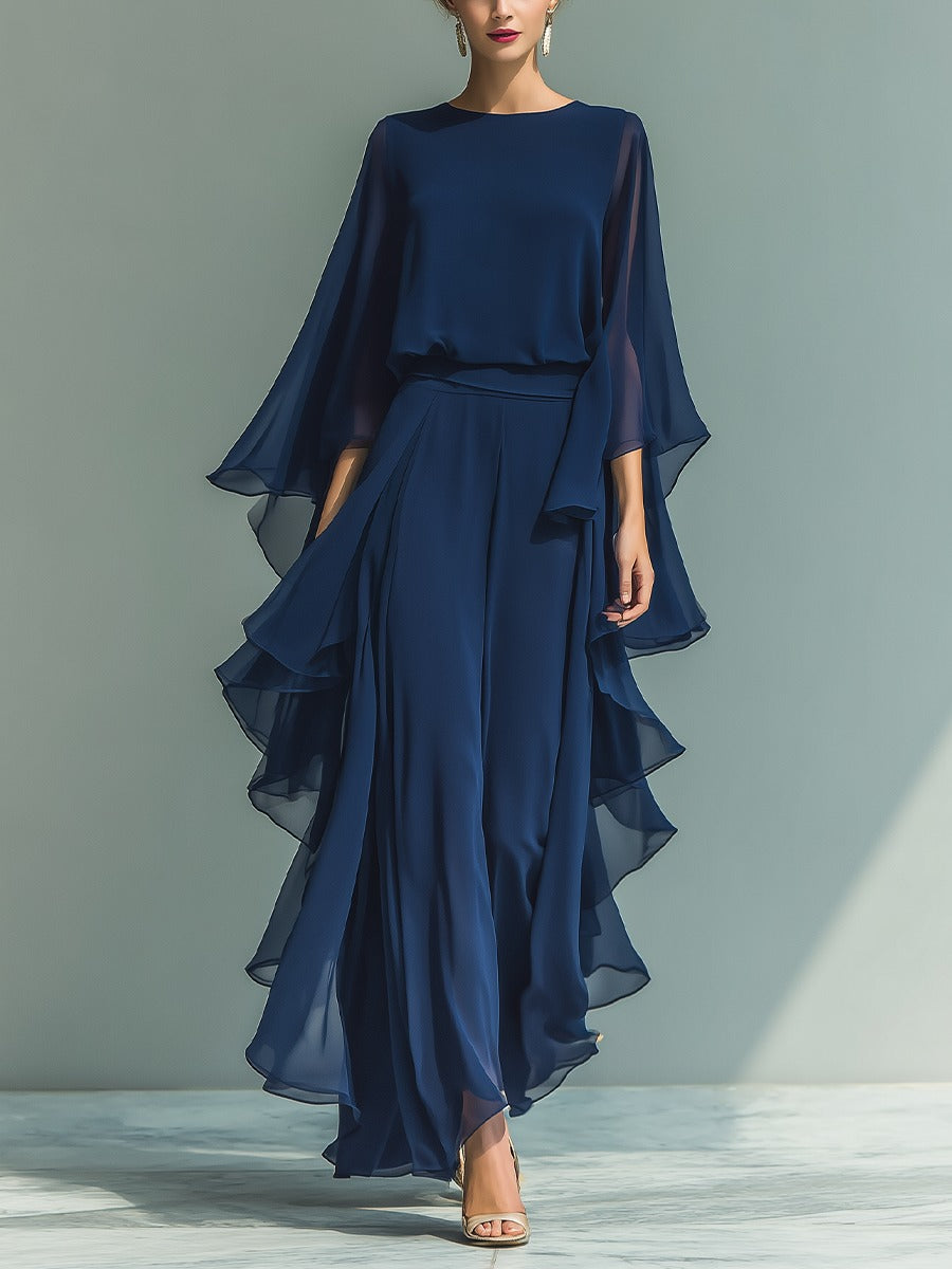 Ensemble haut en mousseline manches évasées et pantalon droit