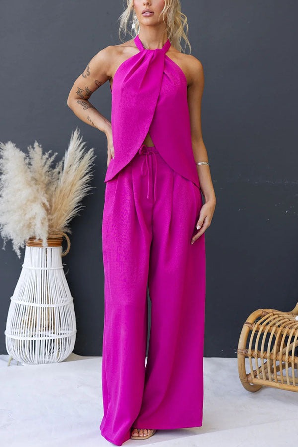 Ensemble haut fendu et pantalon taille haute en lin mélangé