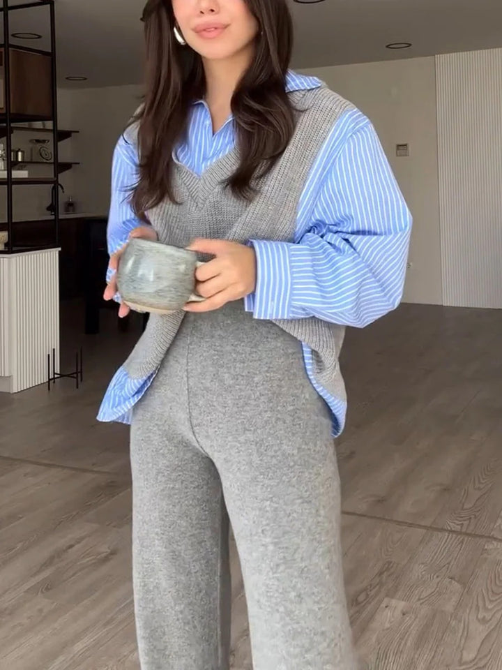 Ensemble deux pièces en tricot avec chemise rayée