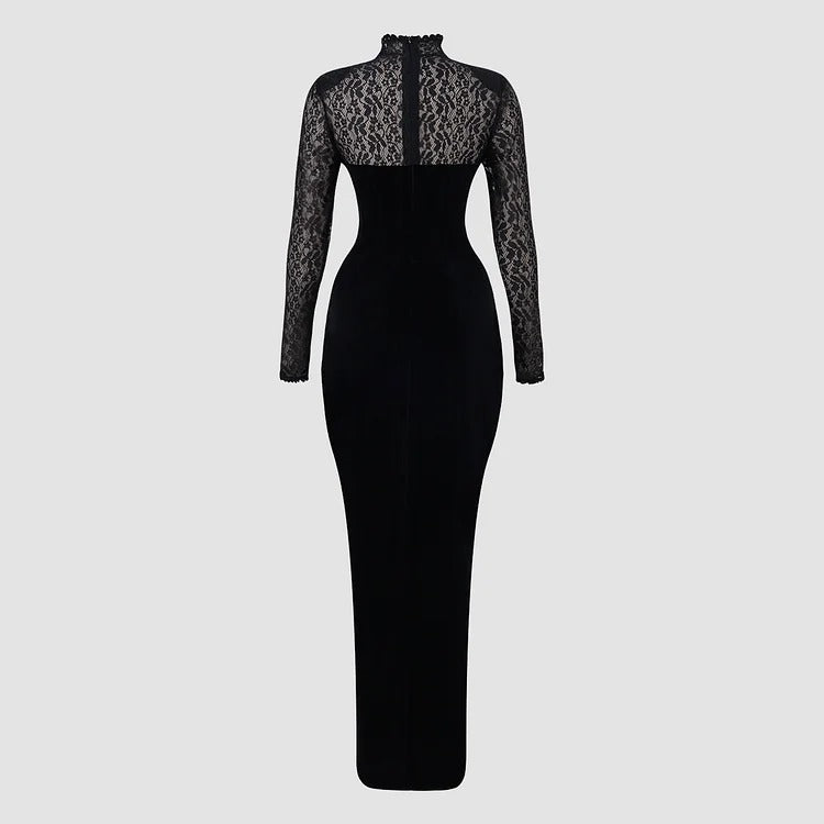 Robe moulante noire à manches longues en velours et dentelle