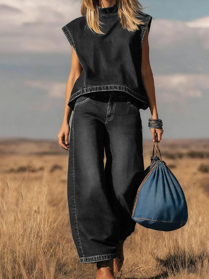 Ensemble deux pièces en denim débardeur et pantalon