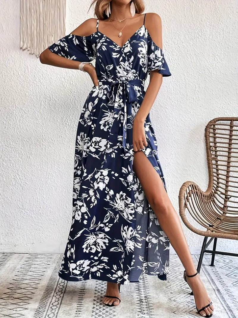 Robe à Imprimé Floral avec Épaules Dénudées