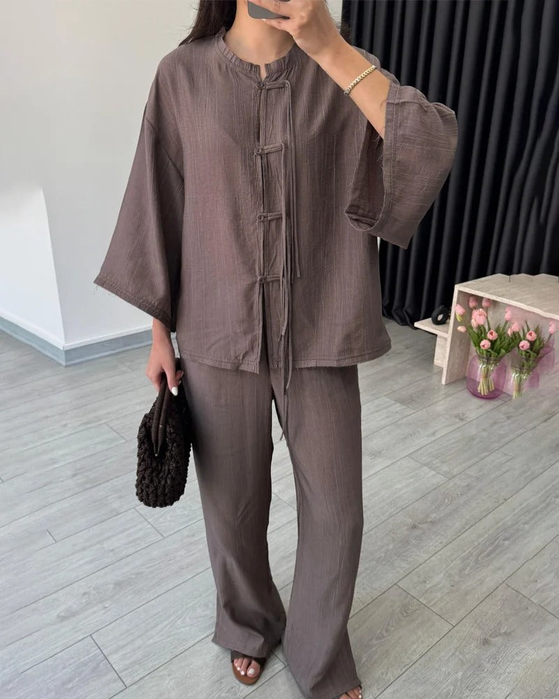 Ensemble deux pièces chemise boutonnée et pantalon tendance
